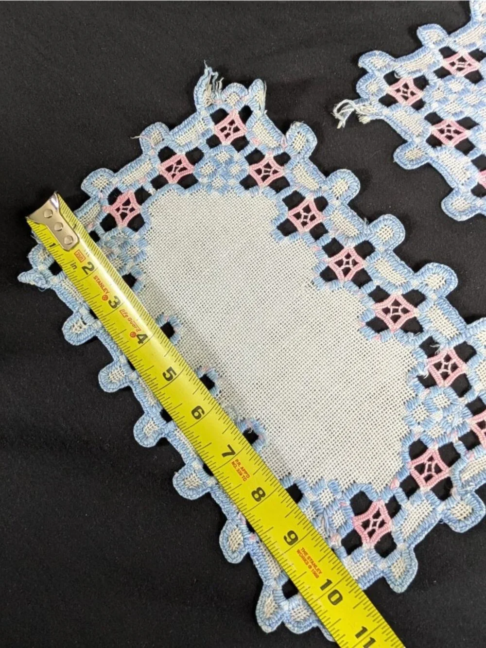 Vtg Handmade Embroidered Doily Set of 3 Rectangle Blue and Pink on White Linen